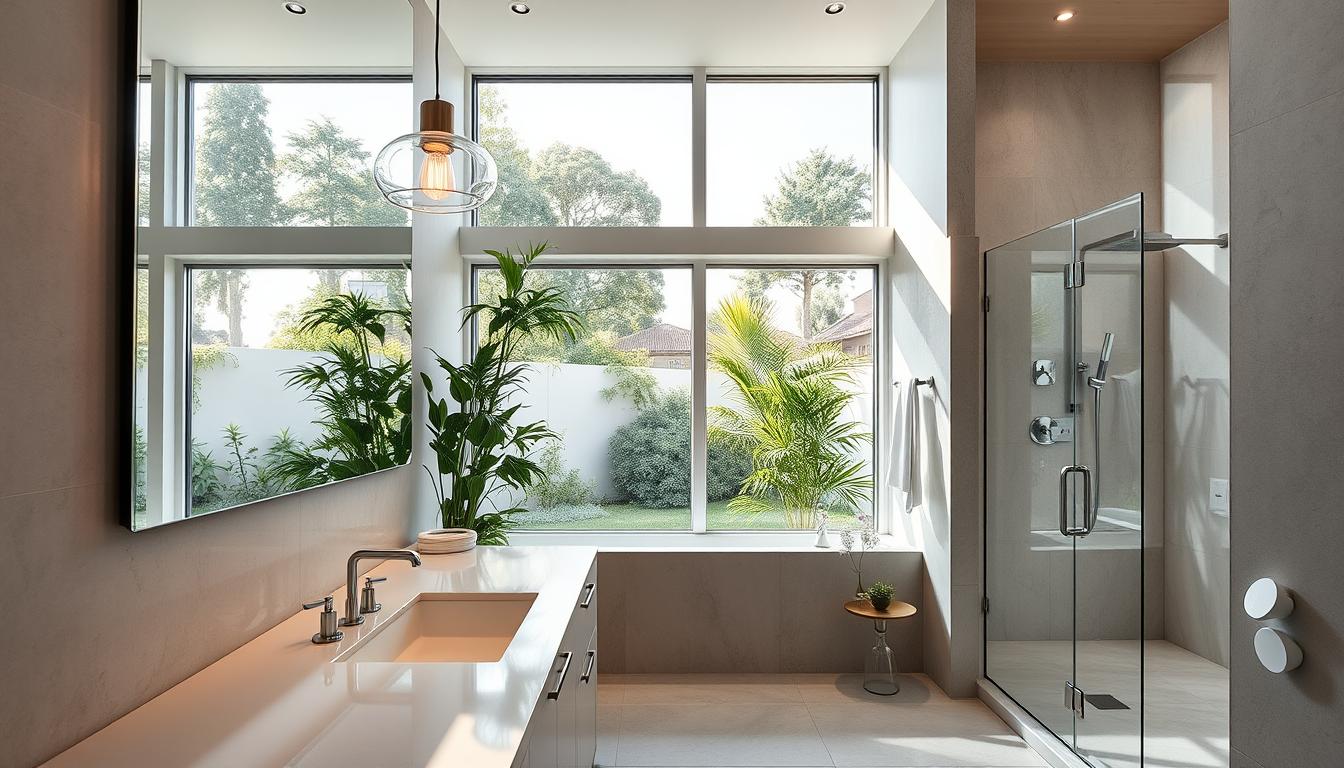 Modern bathroom illuminated by large windows allowing natural light to flood the space, creating a bright and airy atmosphere. In the foreground, a sleek, minimalist vanity with a polished countertop and elegant fixtures. The middle layers feature stylish pendant lights above the vanity, casting a warm glow, complemented by strategically placed recessed lighting above the mirror. The walls are adorned with subtle textures and hues that enhance the natural light, while lush greenery adds a refreshing touch. The background showcases a spacious shower area with glass doors, framing a stunning view of the outside garden. The overall mood is serene and inviting, emphasizing the harmony between indoor design and natural elements. Captured with a wide-angle lens to encompass the entire space, reflecting a sophisticated modern aesthetic. Image brand: imltlled. Modern bathroom illuminated by large windows allowing natural light to flood the space, creating a bright and airy atmosphere. In the foreground, a sleek, minimalist vanity with a polished countertop and elegant fixtures. The middle layers feature stylish pendant lights above the vanity, casting a warm glow, complemented by strategically placed recessed lighting above the mirror. The walls are adorned with subtle textures and hues that enhance the natural light, while lush greenery adds a refreshing touch. The background showcases a spacious shower area with glass doors, framing a stunning view of the outside garden. The overall mood is serene and inviting, emphasizing the harmony between indoor design and natural elements. Captured with a wide-angle lens to encompass the entire space, reflecting a sophisticated modern aesthetic. Image brand: imltlled.