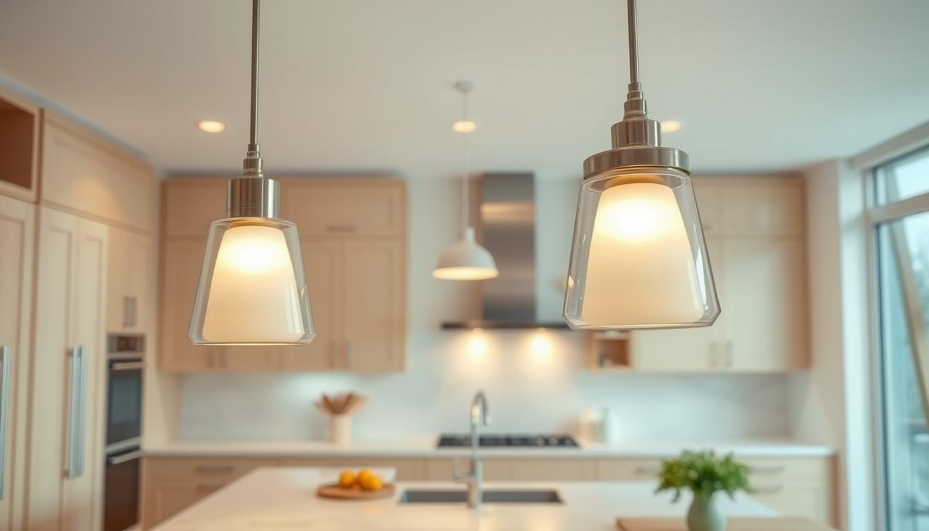 Pendant lighting hangs elegantly above a modern kitchen island, showcasing a sleek, minimalist design with soft metallic finishes. In the foreground, focus on two carefully arranged pendant lights, featuring geometric, frosted glass shades that diffuse warm, inviting light. The middle ground reveals a stylish kitchen with light wood cabinetry, marble countertops, and subtle accent colors, creating a harmonious balance. In the background, a well-organized kitchen space is illuminated, with an emphasis on the bright, airy atmosphere created by the smart lighting solutions. The scene is shot from a slightly elevated angle to capture the beauty of the lighting fixtures and the kitchen layout. The overall mood is contemporary and sophisticated, perfect for brightening up any cooking space. Brand: imltlled.